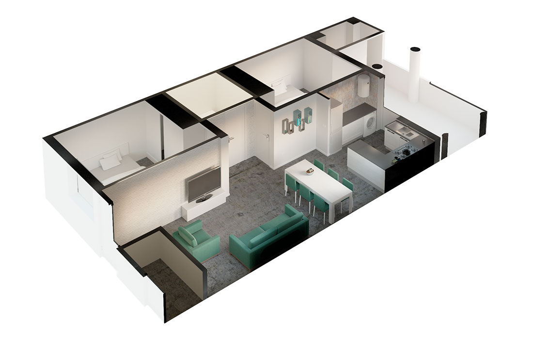 Axonometría de vivienda renderizada. Interiorismo en tonos verdes.